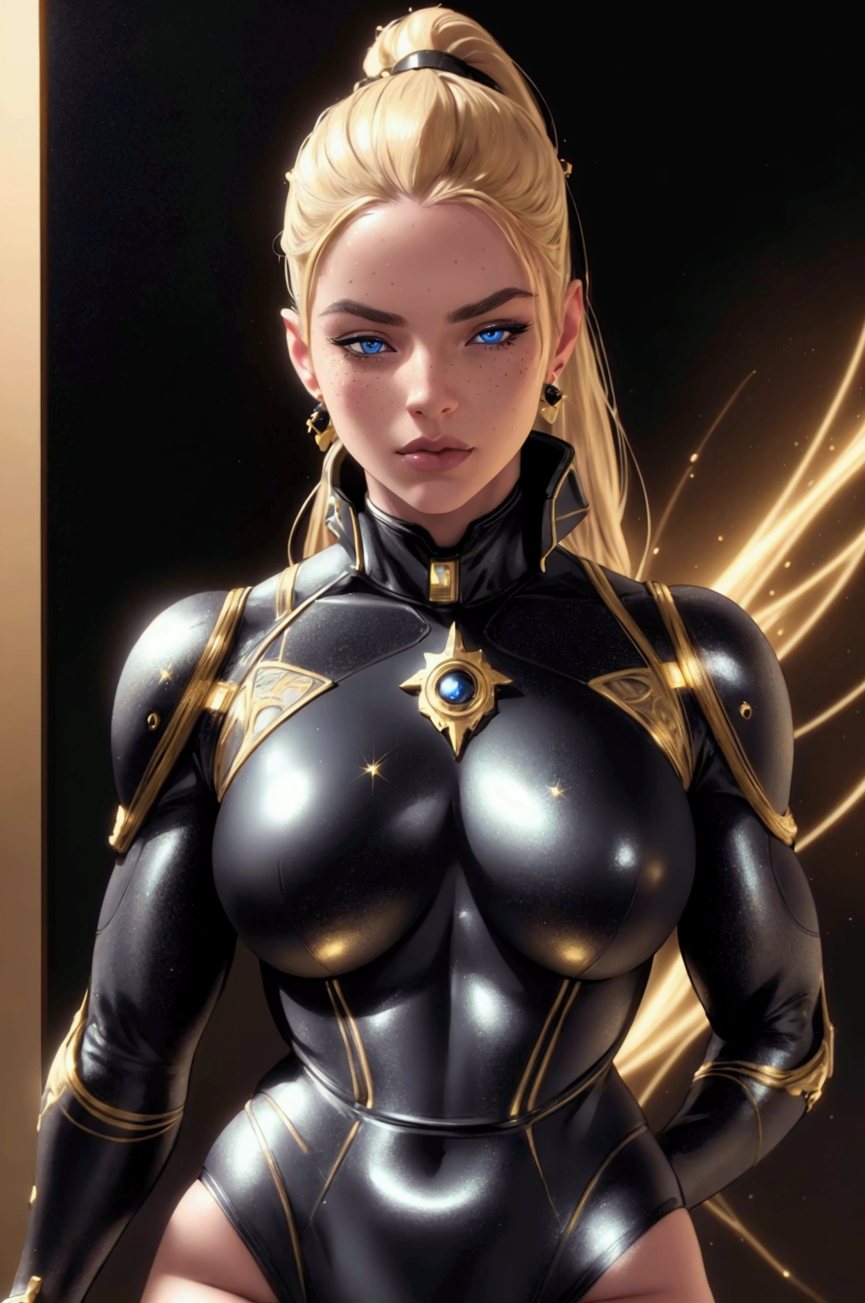 A young blonde girl in a black with gold accent space suit, full body, seductive pose, beautiful body, blue eyes, no background, ponytail, muscular, beautiful eyes, light freckles, (best quality,4k,8k,highres,masterpiece:1.2),ultra-detailed,(realistic,photorealistic,photo-realistic:1.37),cinematic lighting, dramatic lighting, concept art, digital painting, hyper detailed