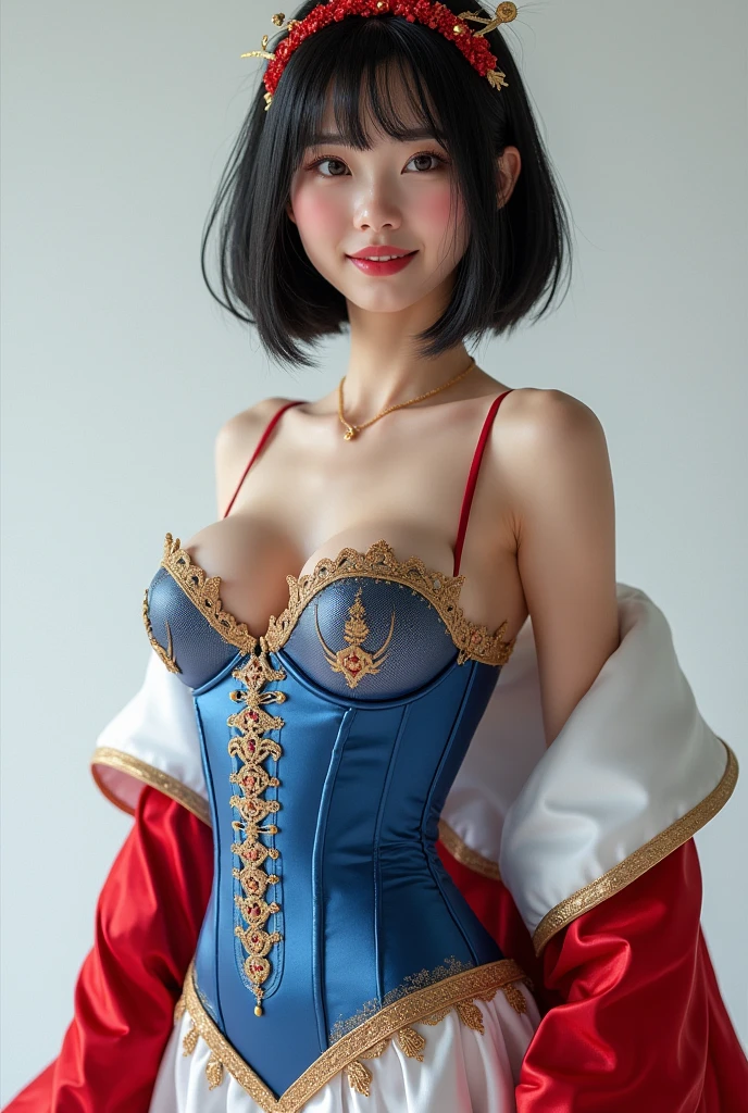 , Beautiful Chinese 18 year old female , wearing snow white cosplay, blue silk corset, red silk cape, yellow silk pleated skater skirt, silk leggings, black bob hair, red hairband, masterpiece, photorealistic, amazingly detailed face, maximum resolution, happy, dynamic pose, , realistic, photograph, , satin, shiny clothing, sexy pos