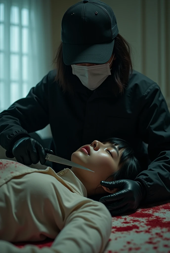 korean girl, (behind corpse, holding knife), surgical mask, black gloves, room full of blood, black raincoat, trucker hat, holding knife, black gloves, woman on top, behind corpse, blood splatter, on the bed, mass murderer, killer, short hair, blood splatter, dark atmosphere, cinematic lighting, atmospheric realistic, light from the window, close-up,
