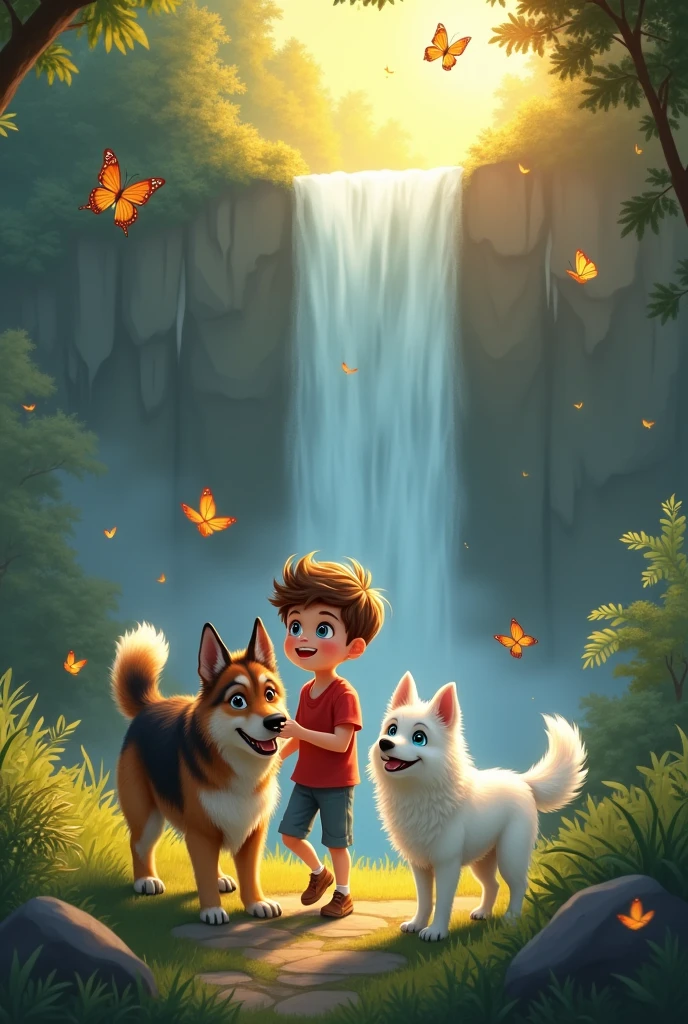 A boy with brown hair blue eyes with 2 dogs one is German shepherd and white shemoyed with sparkling blue eyes watching sun set in deep forest flayful in forest in waterfall
