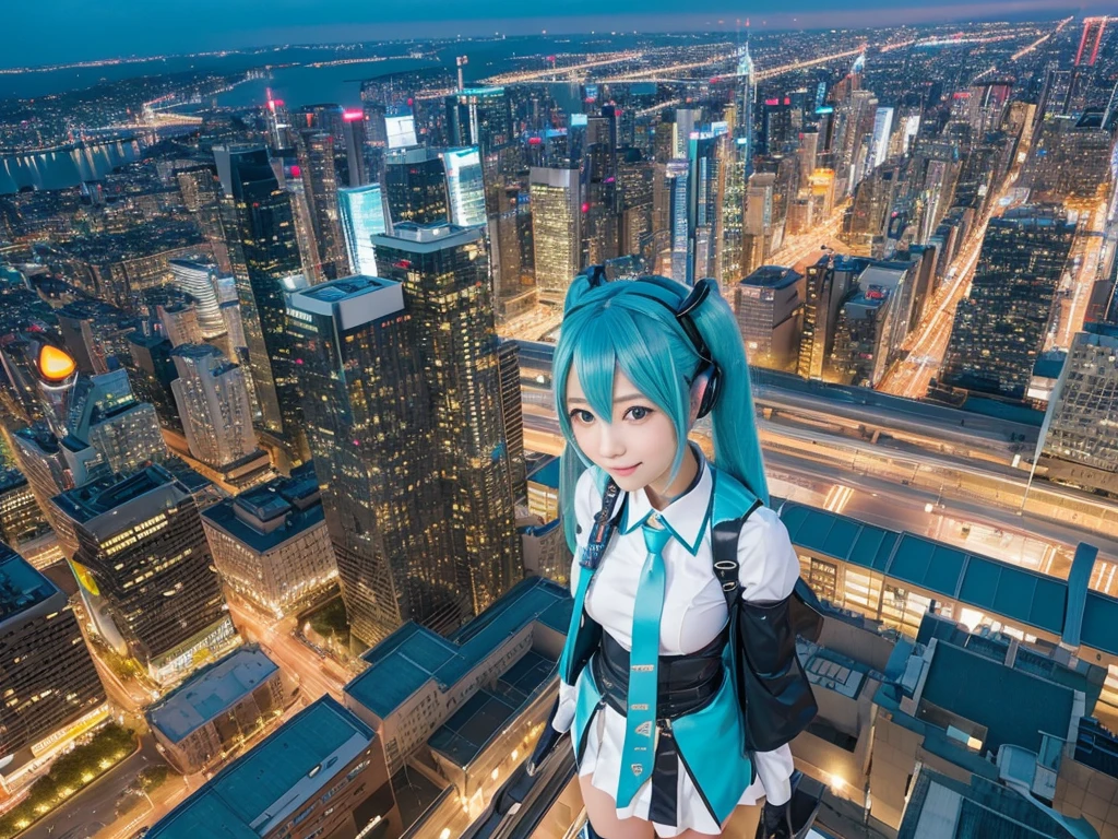 ((Description of Super Giant、Doppelganger描写))、8k、Realistic、Hatsune Miku、Cosplay、Doppelganger、Japanese women、Cosplayイヤー、(Large Breasts)、smile、超巨大Cosplayイヤー、超巨大Hatsune Miku、非常に詳細なDescription of Super Giant、超高層ビルよりもはるかに大きいHatsune Miku、超高層ビルよりもはるかに大きいCosplayイヤー、A very very small big city, Miniature metropolis, 靴の高さしかないMiniature metropolisで、top view、非常に緻密なDoppelgangerアート、((hatsune miku japanese cosplayer one girl clones, 1 girl is cloned))、Hatsune Mikuがたくさん、crowd、congestion、繊細なDoppelganger描写、Full body description
