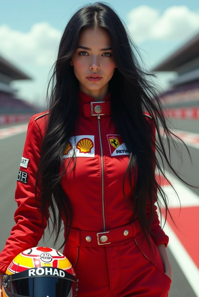 Mulher negra de cabelo cacheado com uniforme da ferrari , formula 1, sem capacete
