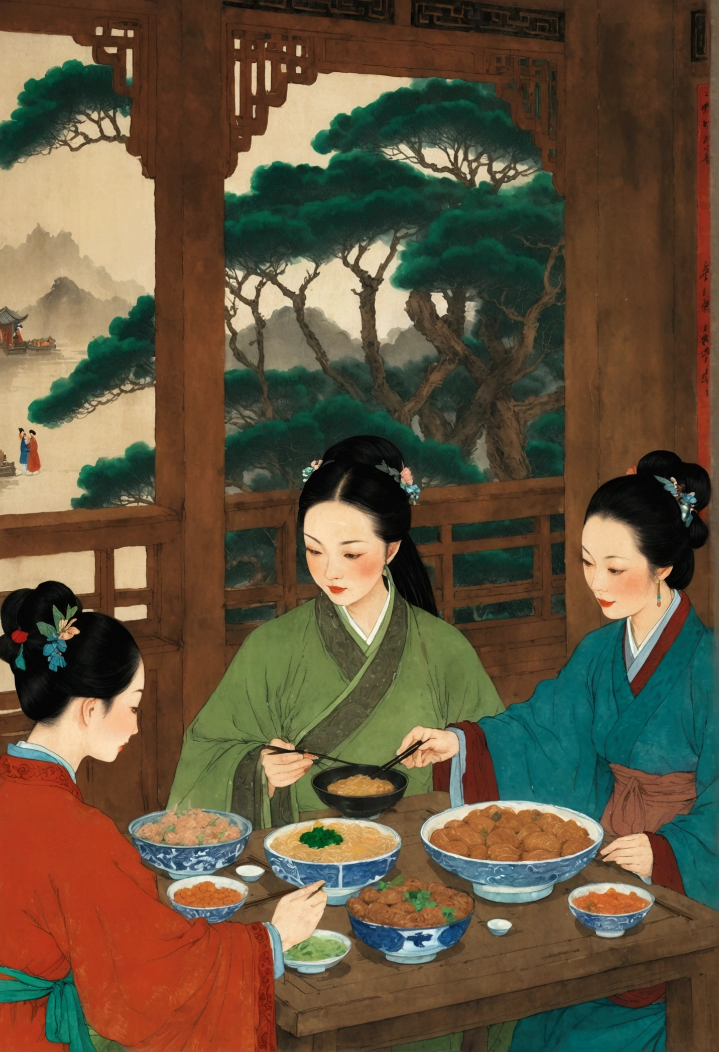 A close-up of a painting，People eating at the table, Tradition, Chinese style, traditional Chinese, Artworks similar to Sheng Lam, by Fang Congyi, by Qu Leilei, traditional Chinese art, 华人Tradition, traditional Chinese painting, author：Xia Gui, author Miao Fu, inspired by Liu Jue, Folklore illustrations