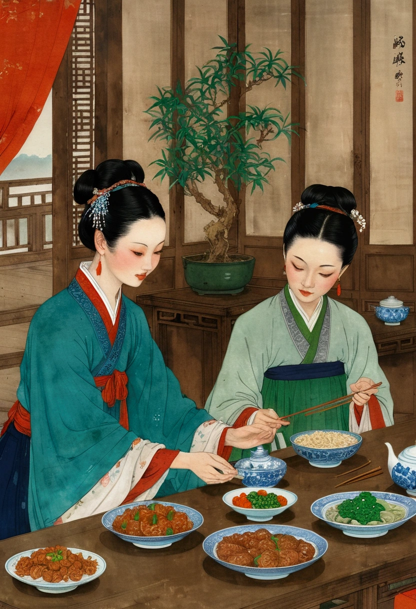 A close-up of a painting，People eating at the table, Tradition, Chinese style, traditional Chinese, Artworks similar to Sheng Lam, by Fang Congyi, by Qu Leilei, traditional Chinese art, 华人Tradition, traditional Chinese painting, author：Xia Gui, author Miao Fu, inspired by Liu Jue, Folklore illustrations