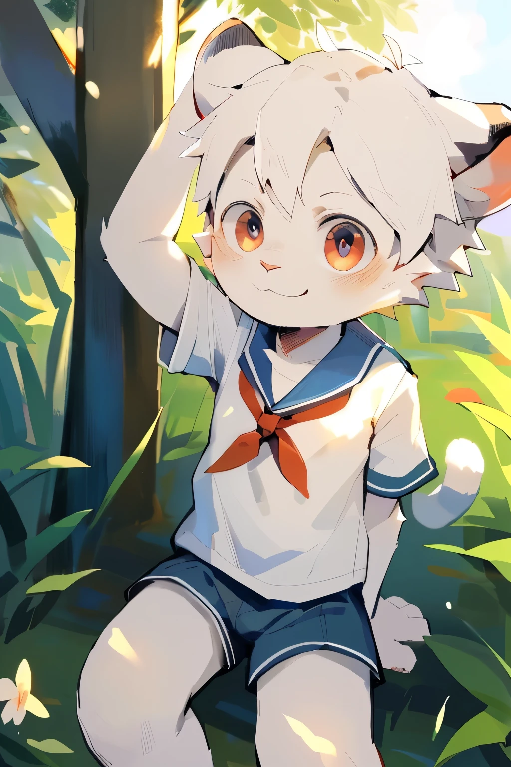 masterpiece, best quality, Perfect anatomical structure, Big watery eyes, author：Milk Tiger 1145, author：K0bit0wani,Cumoshota Boy, Albino white rabbit boy, rabbit Body Features, Sailor shirt, Sailor Mini Shorts, , Sailor collar, Lively Shota, Smile