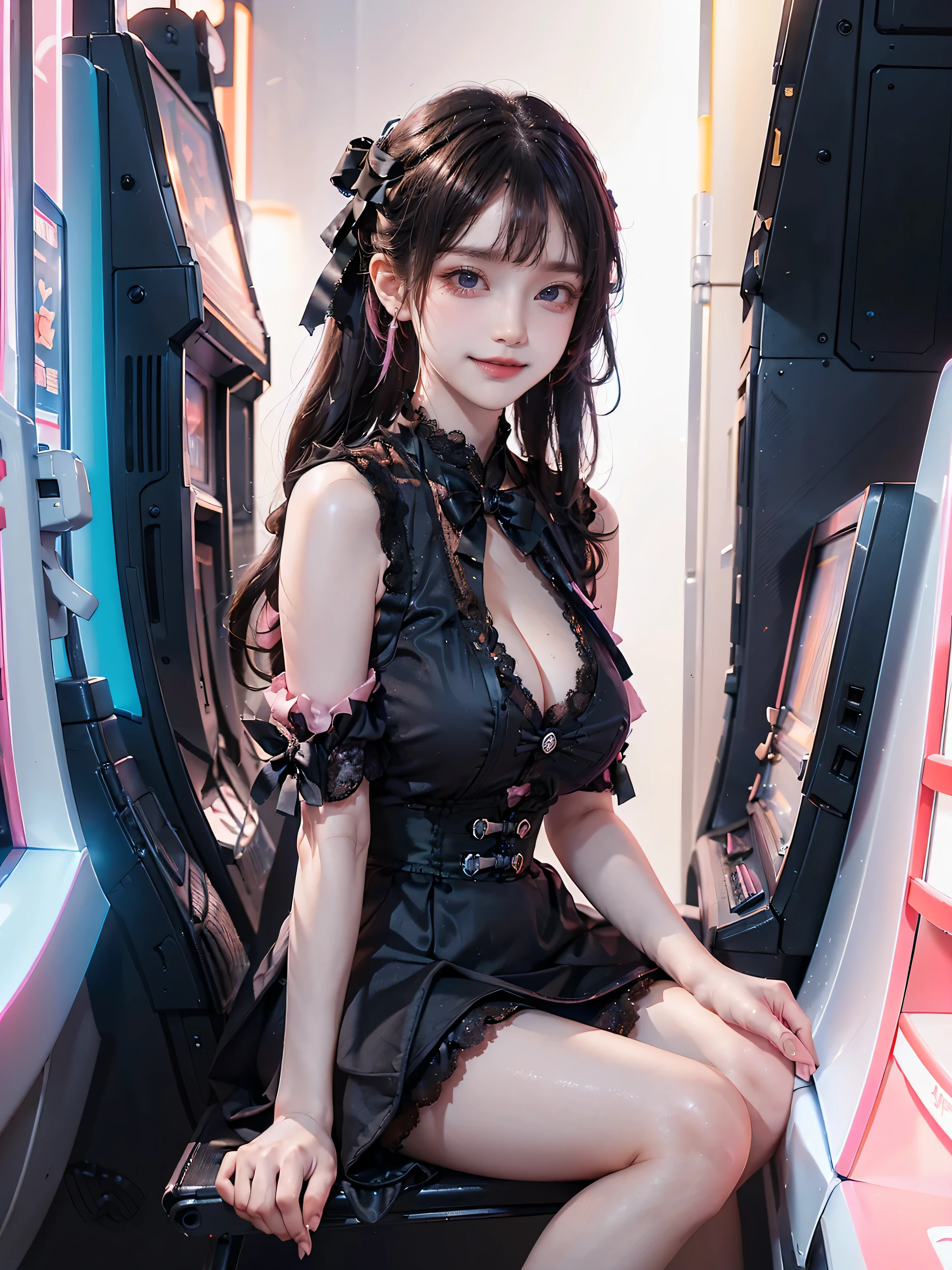 ((16K)),((masterpiece:1.3)), ((Highest quality)), ((Ultra-high resolution)), (Very detailed), (Realistic, photoRealistic:1.4), Perfect lighting,((Side light)), Written boundary depth, Surrealism,No makeup, Film Grain, chromatic aberration, Sharp focus, Face Light,((Beautiful detailsまでこだわった髪)),((Beautiful eyelashes)), Beautifully detailed face,(( large breasts:1.5)), ((Beautiful Hair)),Beautiful details, Beautiful clavicle, Beautiful body, Thin legs,Beautiful breasts, Beautiful legs, ((Detailed and carefully drawn hand)), Cleavage, Perfect Anatomy, Supermodel with a long neck,((Skinny1.2 )),23 years old,Looking into the camera,(Perfect Anatomy,Anatomically correct, Very detailed肌), Glowing Skin,((pale skin)),((beautiful girl:1.1)), shiny hair,((two side up)),(Medium Hair:1.4, Wavy Hair:1.2, Black Hair) ,((Hime cut:1.1)),Dainty facial structure,((Captivating smile:1.4)), ((Upper Body)),yokozuwari, sitting,(((wearing lace lingerie set:1.2)),(( jirai fashion)),(Crane Games:1.5)),(((wearing jirai fashion, shiny black satin, high neck, short dress with many black frills))), ((pink Lace:1.3)), (((bow ribbon))),background ((Arcade)),arcade,((game machine:1.3)),((Game Bench)),((arcade)),arcade,((game machine:1.3)),((UFO Catcher:1.4)),((Purikura:1.4)),date, neonlight, ((from above)),