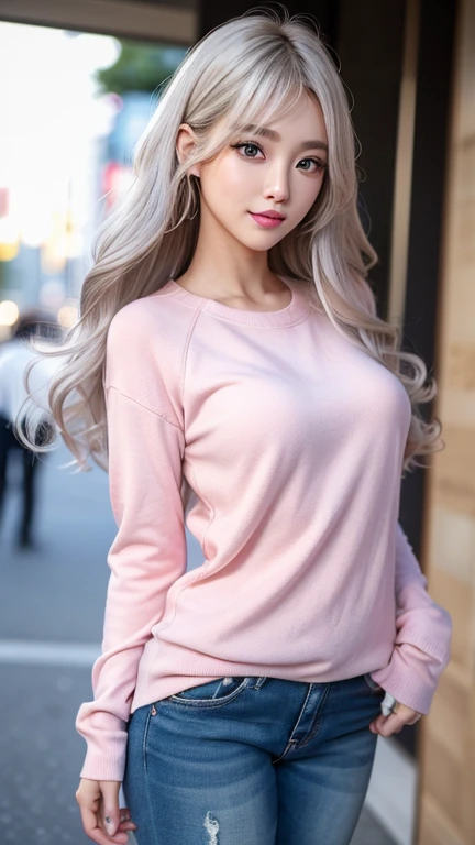Small breasts、 (curly/Natural Hair)、(Long silver hair)、(Casual clothing:1.4)、(Exposing the breasts:1.2), (Showing nipples:1.3), Browsing Caution, (Cowboy Shot、Highest quality、8k、Award-winning works、Ultra-high resolution)、One beautiful woman、(blonde:1.1)、Bright color contacts、Perfect Makeup、Bright and shiny lipstick、(Very heavy makeup:1.2)、(Deep pink around the eyes:1.1)、Beautiful bright eyeshadow、Heavy makeup around the eyes、(Romantic affection:1.1)、The best smile when he sees me、(Many of them emphasize the body line..:1.1)、(Strongly blurred vibrant Harajuku city background:1.1)、(Strongly blurred background:1.1)、Accurate anatomy、Ultra HD Hair、(Ultra-high resolutionの完璧な美しい歯:1.1)、Ultra-high definition beauty face、Ultra HD Hair、Ultra HD Shining Eyes、輝くUltra-high resolutionの美肌、Ultra-high resolutionの艶やかな唇