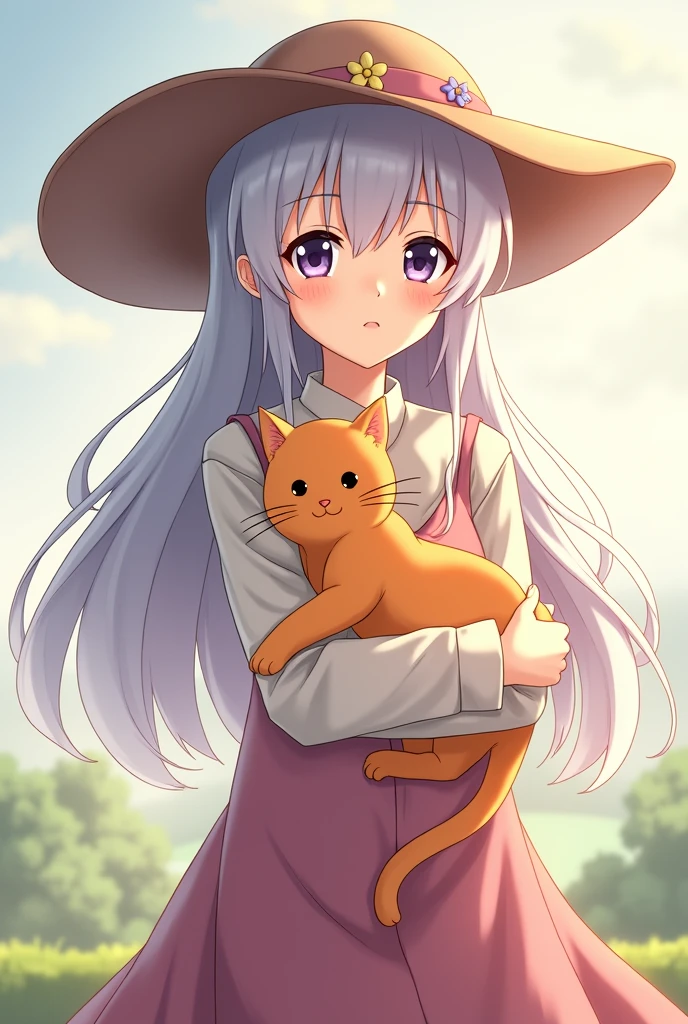 Create a character picture of elaina from the anime majo no tabi tabi holding an orange cat
