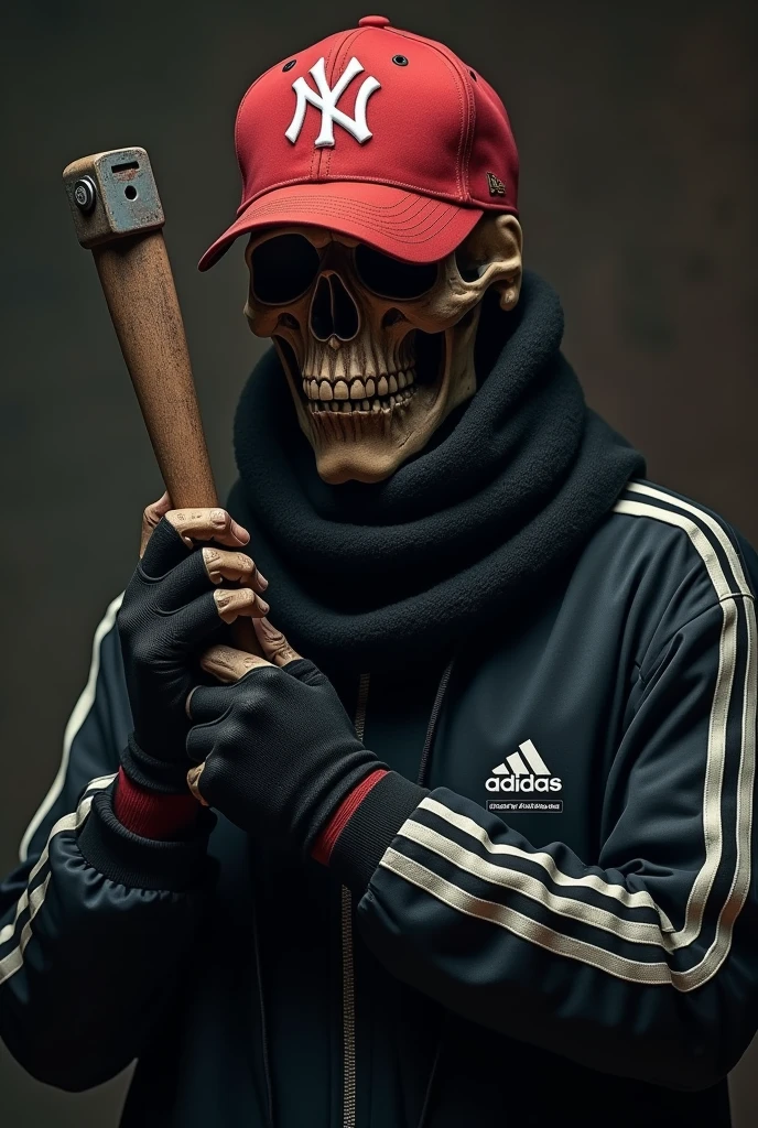 Skull with the red Yankees cap closed and put backwards with a trucker's mate in his hand. With an Adidas jacket and a scarf over his mouth and black gloves