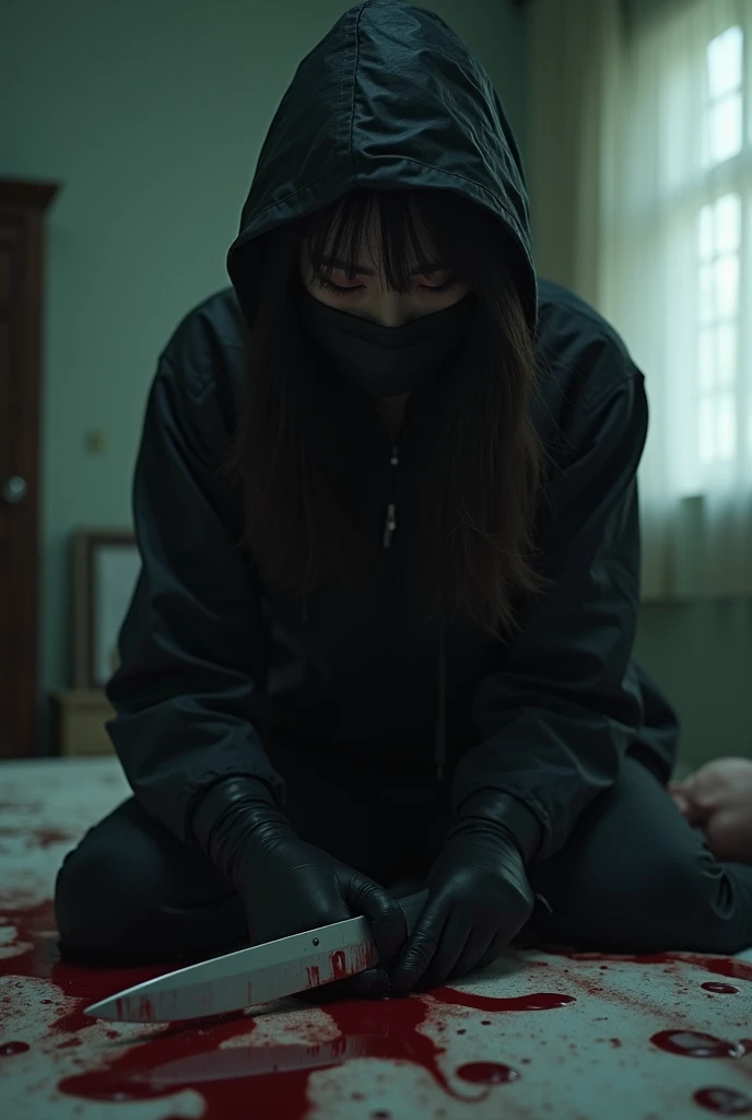 korean girl, (behind corpse, holding knife), black surgical mask, black gloves, room full of blood, black raincoat, hood up, holding knife, black gloves, woman on top, behind corpse, blood splatter, on the bed, mass murderer, killer, long bangs, blood splatter, dark atmosphere, cinematic lighting, atmospheric realistic, light from the window, close-up,
