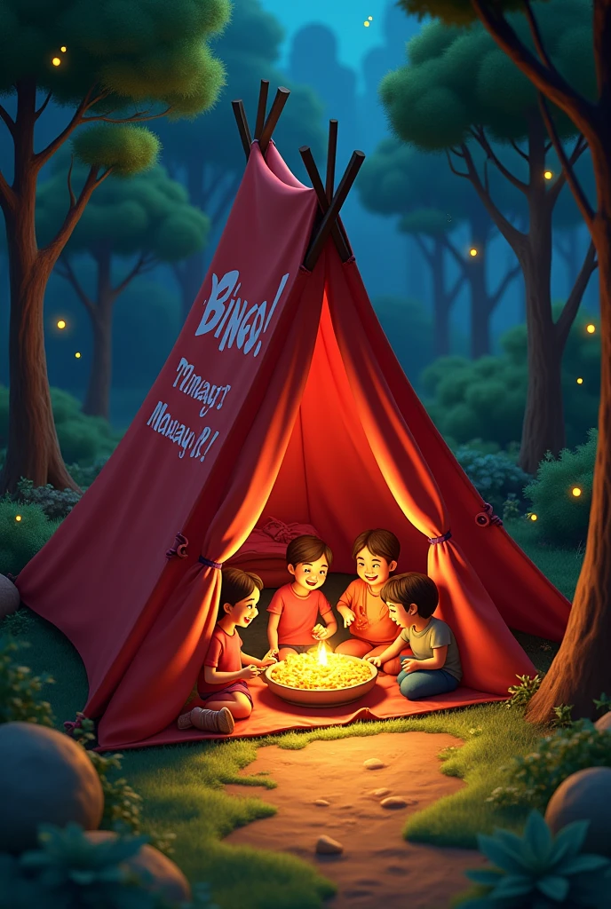 High angle camera view, Of an (A frame Tent) that is branded with with Red Colour (Bingo! Tomoatto Chips:2.2), A group of funny (happy friends laughing: 1.9) they are sharing (Bingo! chips: 3.1), Bingo! chips is an Indian brand, There are four characters, The camp is inside a forest, neat out line, detailed, White background, wide aspect ratio, fairy tale style, fairy tale style, hand-drawn, 3D pixar style, (Warm light source:1.2), (fire Fly:2.2), (nebula:1.3), 4K, Super detailed, (Dynamic configuration:1.4), HD Pixar detailed, Colorful details, (masterpiece:1.2), (highest quality),