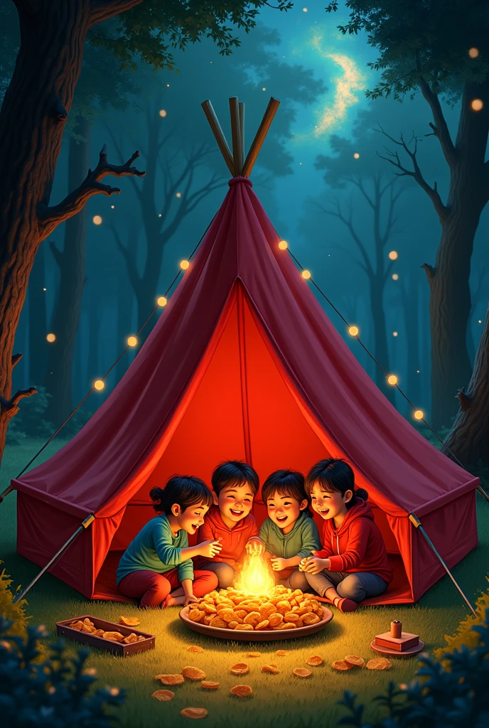 High angle camera view, Of an (A frame Tent) that is branded with with Red Colour (Bingo! Tomoatto Chips:2.2), A group of funny (happy friends laughing: 1.9) they are sharing (Bingo! chips: 3.1), Bingo! chips is an Indian brand, There are four characters, The camp is inside a forest, neat out line, detailed, White background, wide aspect ratio, fairy tale style, fairy tale style, hand-drawn, 3D pixar style, (Warm light source:1.2), (fire Fly:2.2), (nebula:1.3), 4K, Super detailed, (Dynamic configuration:1.4), HD Pixar detailed, Colorful details, (masterpiece:1.2), (highest quality),