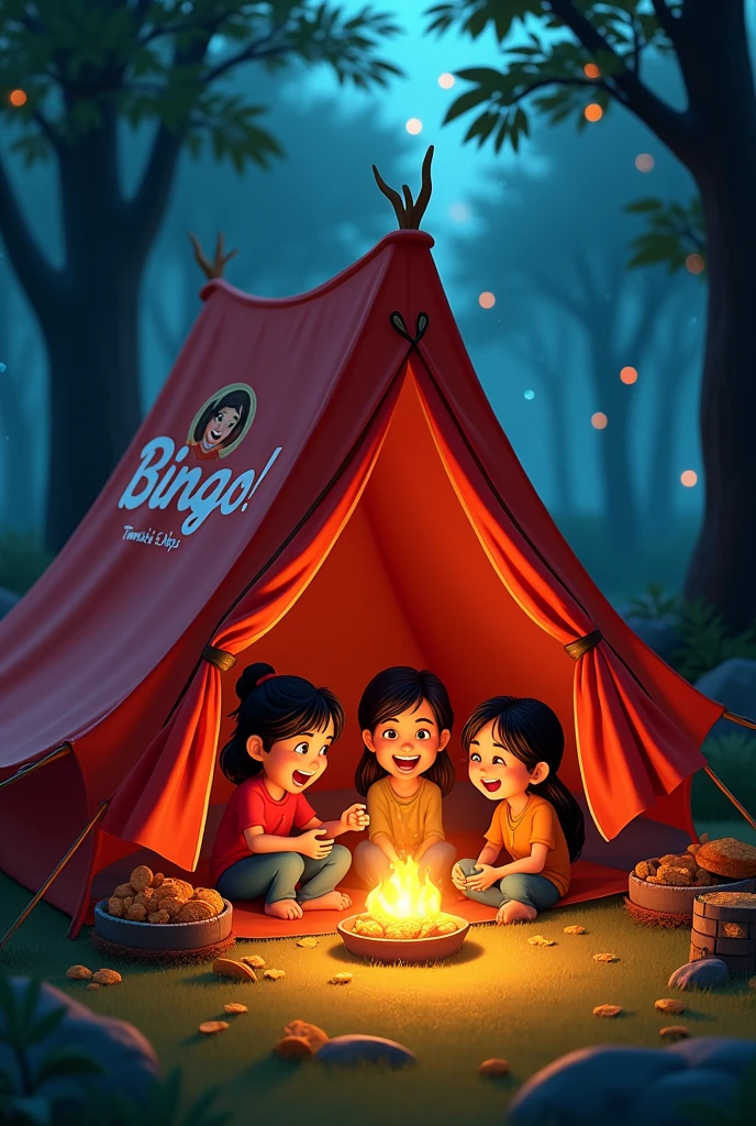 High angle camera view, Of an (A frame Tent) that is branded with with Red Colour (Bingo! Tomoatto Chips:2.2), A group of funny (happy friends laughing: 1.9) they are sharing (Bingo! chips: 3.1), Bingo! chips is an Indian brand, There are four characters, The camp is inside a forest, neat out line, detailed, White background, wide aspect ratio, fairy tale style, fairy tale style, hand-drawn, 3D pixar style, (Warm light source:1.2), (fire Fly:2.2), (nebula:1.3), 4K, Super detailed, (Dynamic configuration:1.4), HD Pixar detailed, Colorful details, (masterpiece:1.2), (highest quality),