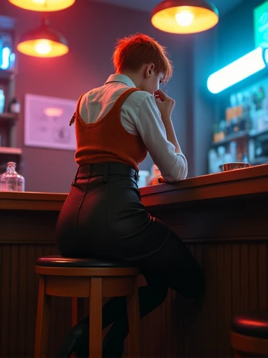 (anatomically correct:1.5),(best quality:1.5), (delicate face:1.5), (pretty face:1.5), full-body shot,natural lighting,slim figure,Ms. Office,dark dancefloor inside a bunker, 1girl(8), young redhead waitress bending over the bar, short hair, orange hair, shaved sides, long earing, drunk face look, wide open mouth, screaming, crazy laughting, orange knitted dress, brown lether skirtpierced nose, close up, pov, view from behind below, spreading legs, tweaker, dancing rave, dynamic scene, shaking buttocks, vibrating colors,
Collared white shirt,black skirt,(High heel:1.3),(curls:1.2),(black_pantyhose:1.2),Lovely,Smile,blush,sit on the table,office