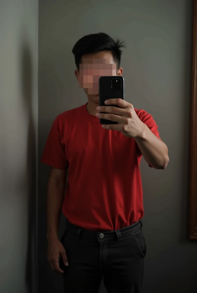 The image shows an individual taking a mirror selfie. The person’s face is obscured by a pixelated block for privacy. They are wearing a red shirt and dark pants, holding a smartphone in their right hand to take the photo.