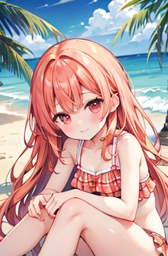 Upper body、oil、masterpiece、Highest quality、High resolution、orange long hair、orange long hair、coastal、Beach、Naughty look、White and pink plaid bra、White and pink plaid panties、Bend your legs、Woman's face、Hot Face、A slightly troubled look、Sweaty skin、blue sky、squat、Spread your legs、Underwear is visible、Embarrassing、Side Ponytail、Scrunchie