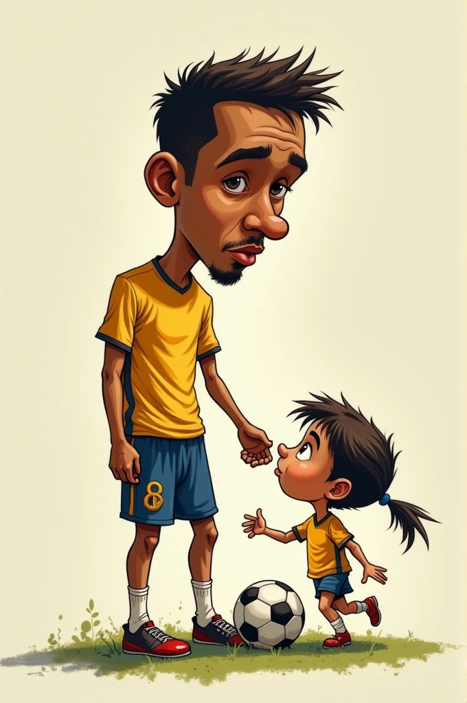 
The player Eder Militao, do Real Madrid, claimed in a lawsuit over child custody that she abandoned her busy social life to take care of her daughter Cecília, Although, did not mention the fact that he had thrown his daughter&#39;s mother out of the house during pregnancy and publicly betrayed her. Com base nisso, make a cartoon depicting the player&#39;s situation of paternal hypocrisy.