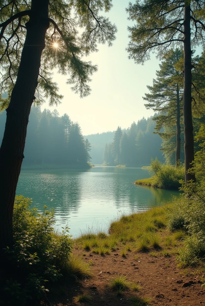 Lakeside bathed in soft sunlight、I can see the forest on the other side of the lake、A quiet and deserted lake、In an open area、The lake is inspired by the home of Lancelot from Arthurian legend.、A lake that feels almost mystical、There are no trees in front、The lake shore is made of soft grass and soil.、