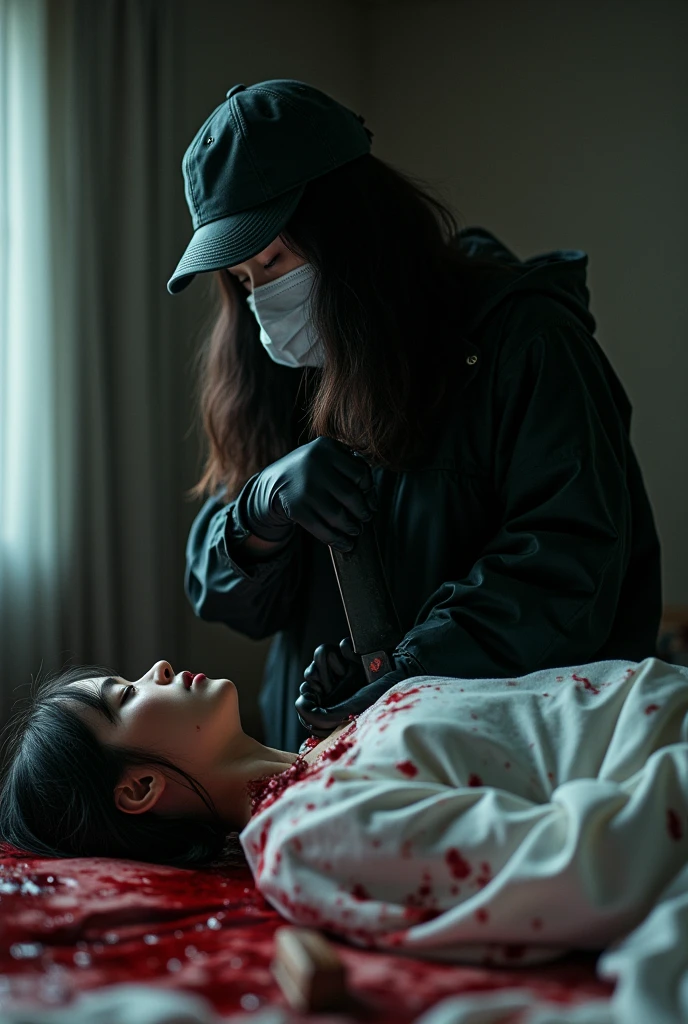 korean girl, (behind corpse, holding knife), surgical mask, black gloves, room full of blood, black raincoat, trucker hat, holding knife, black gloves, woman on top, behind corpse, blood splatter, on the bed, mass murderer, killer, long bangs, blood splatter, dark atmosphere, cinematic lighting, atmospheric realistic, light from the window, close-up,
