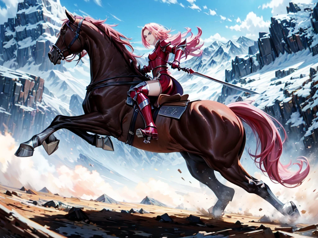 ((best quality)), ((anime masterpiece)), (high detailed), 8k, cinematic lighting, anime screencap, HDR, vivid color, a female knight riding a BROWN HORSE, (haruno sakura, medium hair, {pink hair}, medium breast, cleavage), determined face, (red armor, red gauntlet, red miniskirt, red boots), mountains, outdoor, open field, ((from side: 1.2)), anatomically correct