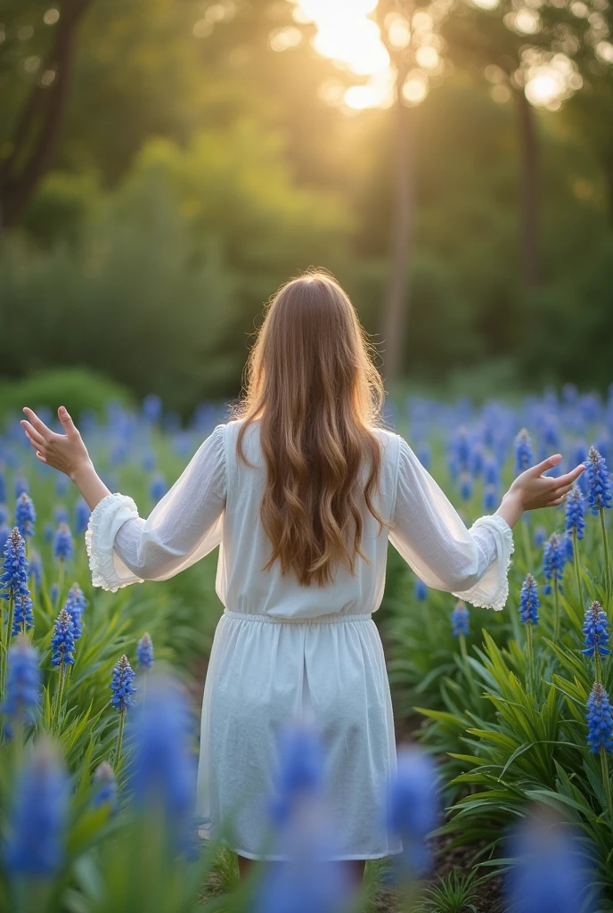 In a fragrant garden, a woman stands with her arms outstretched, gently touching the petals of flowers she encounters, communing with nature and sweet blue flowers.
