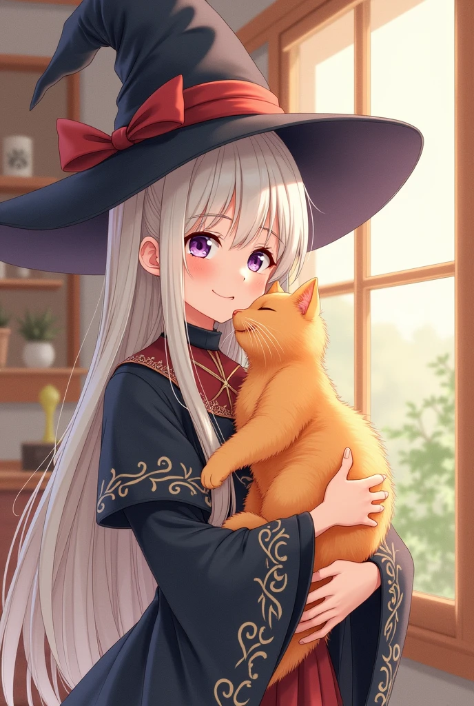 Create a character picture of elaina from the anime majo no tabi tabi holding an orange cat