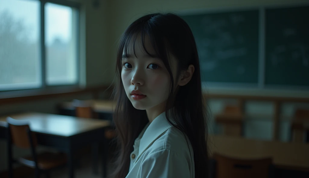 Rain outside the window、Dark Sky、Dimly lit classroom、Returning from school、An empty classroom、desk、Chair、locker、blackboard、shop window、curtain、too cute girl, cute日本人の女の子、Girl Photos, Small curvaceous loli、-yeld giNo makeup、Genuineな13-year-o giNo map, Long Hair、Medium Hair, short hair, Baby Face, Beautifse Girls, Shot with Canon 5D MK4, Shot with Canon EOS 5D Mark IV, Shot with Canon EOA 6D Mark II, The face and skin texture are very detailed.., Narrow eyes, double eyelid, (8k, Highest quality, masterpiece: 1.2), ( Genuine, フォトGenuine: 1.37), Super detailed, 1 Adult male、1 girl, cute, Lolita, Japanese junior high school girls