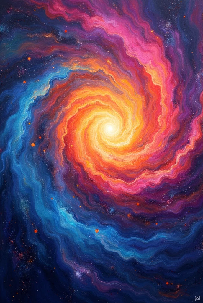 A vibrant, abstract painting of a swirling galaxy, with bright, neon colors and a sense of movement.