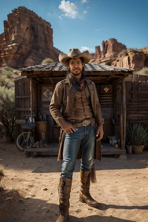 (a)gunslinger,tao, Cowboy-Hut,[wild west] landscape,sunlit desert,dusty road,cowboy boots,lonely figure,smoldering eyes,big grin,(best quality),(realisti:1.37),portrait,western style,Vivid colors,warm tones,backlit silhouette,shaded face,fantasy art, RPG,Fantasy-Figur,scar,gun,revolver,Pistol,smoke,