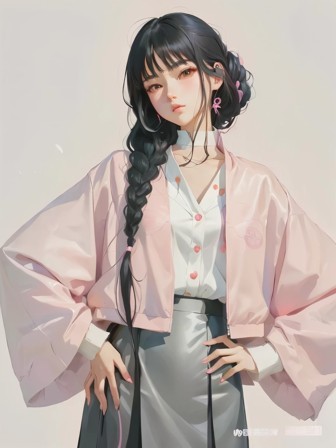 Anime girl with long black hair wearing pink jacket and skirt, artwork in the style of Gu Weiss, Lovely art style, Style Anime, Digital Anime Illustration, inspired by Yanjun Cheng, Popular trends on artstration, Anime style illustrations, Beauvot Art Style, Kawaii realistic portrait, Anime style digital art, Gu Weiss, Wearing long, flowing clothes