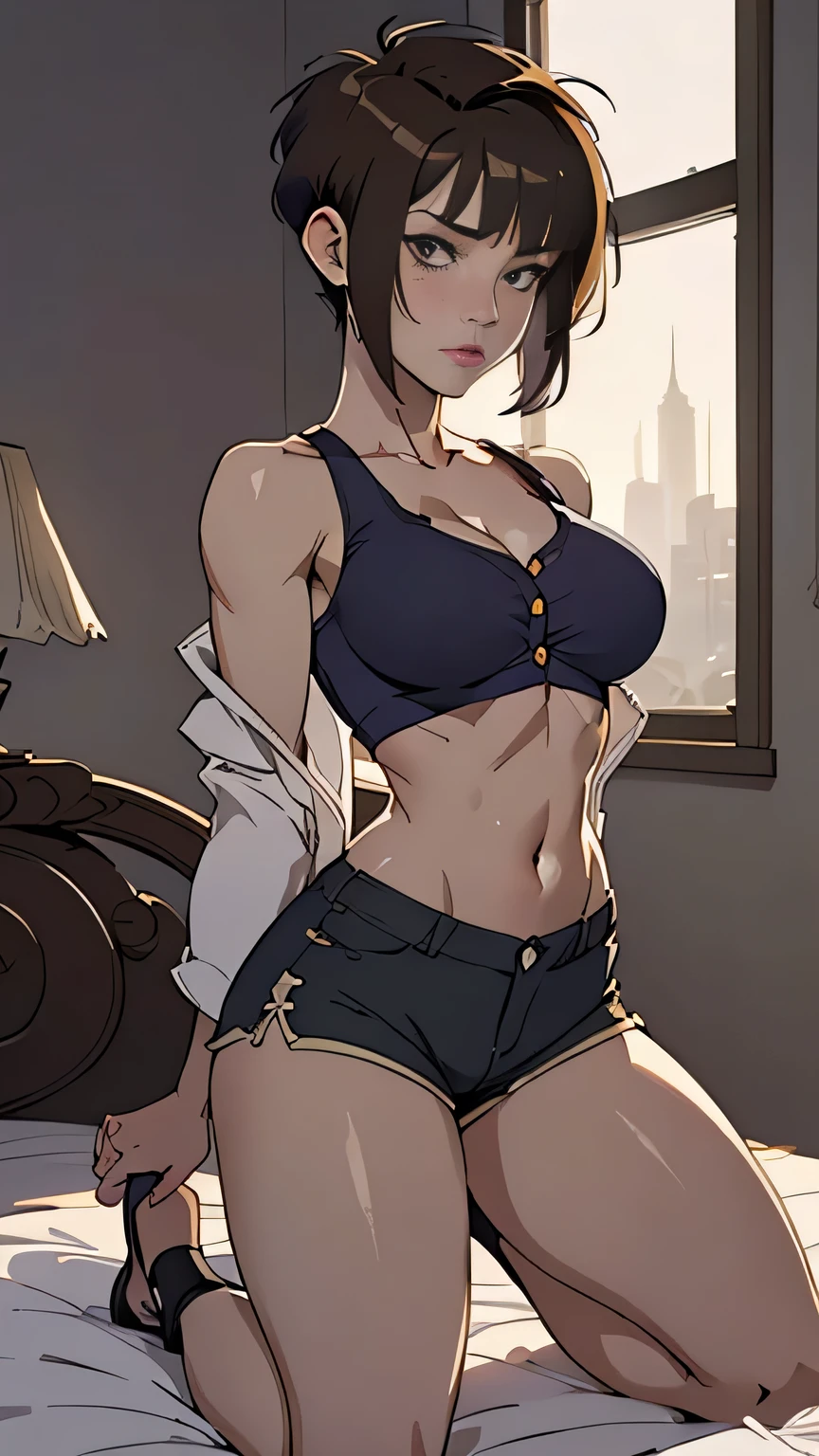 photo of mlp Meowko, RAW, beautiful woman, ((portrait)), ((detailed face:1.2)), ((anime face, anime facial feature, clear skin, glossy anime lips, clear skin), (short messy lesbian haircut, brunette: 1.55), (perfect proportioned body, Strong, muscular, narrow waist, narrow hips, skinny, large breasts), (she is wearing lilac colored long sleeve tank top, buttons undone, open shirt, booty shorts, Short shorts), (kneeling on bed, splits kneeling, legs apart), (realistic photo, best quality, detailed), (8k wallpaper), (cinematic lighting, beautiful light, (afternoon:1.3)) (sharp focus, intricate)