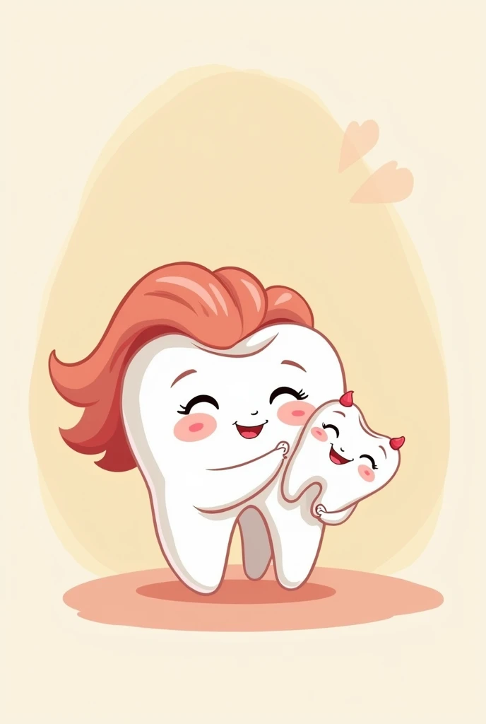 Cartoon of a tooth with breasts breastfeeding her baby tooth in pastel colors