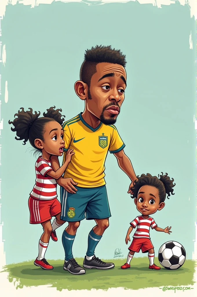 
The player Eder Militao, do Real Madrid, claimed in a lawsuit over child custody that she abandoned her busy social life to take care of her daughter Cecília, Although, did not mention the fact that he had thrown his daughter&#39;s mother out of the house during pregnancy and publicly betrayed her. Com base nisso, make a cartoon depicting the player&#39;s situation of paternal hypocrisy.