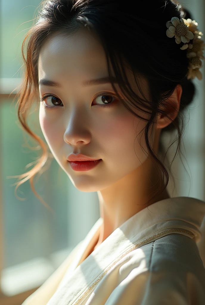 An elegantly dressed Japanese woman in natural light、A close-up of her chest and calm expression.、It shows her inner peace and outer charm.。
