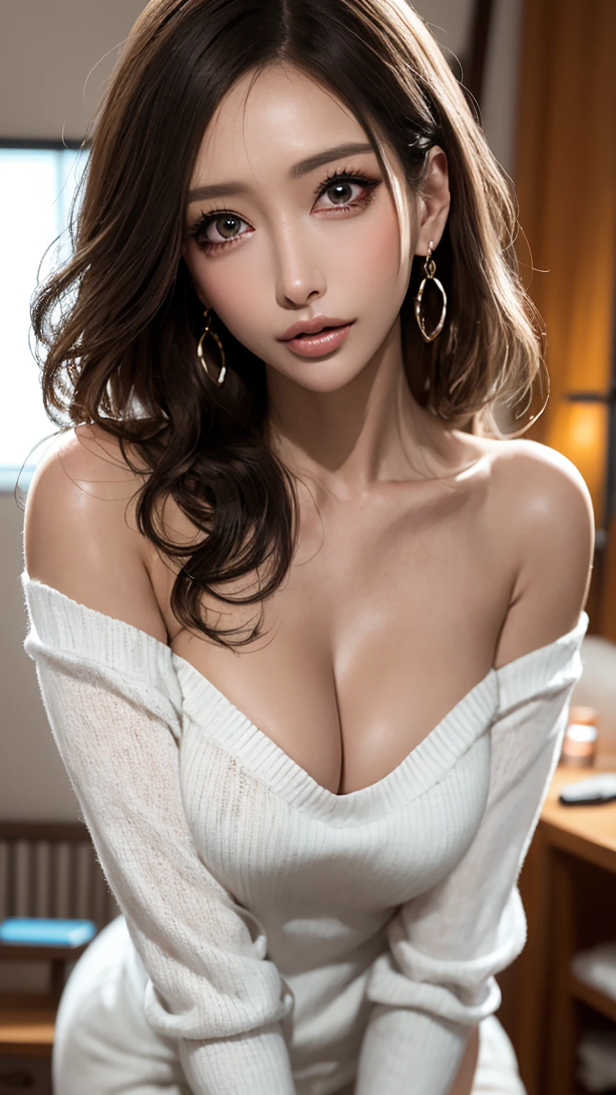 alone、Woman 1、8k, RAW images、Vibrant、Crisp Double、Long eyelashes、Big Breasts、Emphasize cleavage、Big cleavage、White V-neck off-the-shoulder top that clings to the skin、long Sweater maxi dress、Sweaty face，Shiny pink gloss lip、Sexy lips、Standing pose、Excited、Sexy Face、Background blur、(Full Shot)、((Beautiful legs、Sexual expressions、Captivating look)), (Thin small face、Sharp jaw、Small Mouth、(((Sweat,Glowing Skin、Glowing Skin、Oilskin)))、((Full Shot))