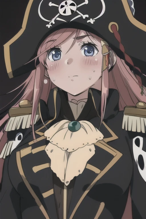 masterpiece, best quality, 1girl, detailed face and eyes, big breasts, cleavage, Katou Marika, close-up, (black pirate costume), (black pirate hat), looking at the viewer, aroused facial expression, blush, sweat,   (simple dark background), view from below