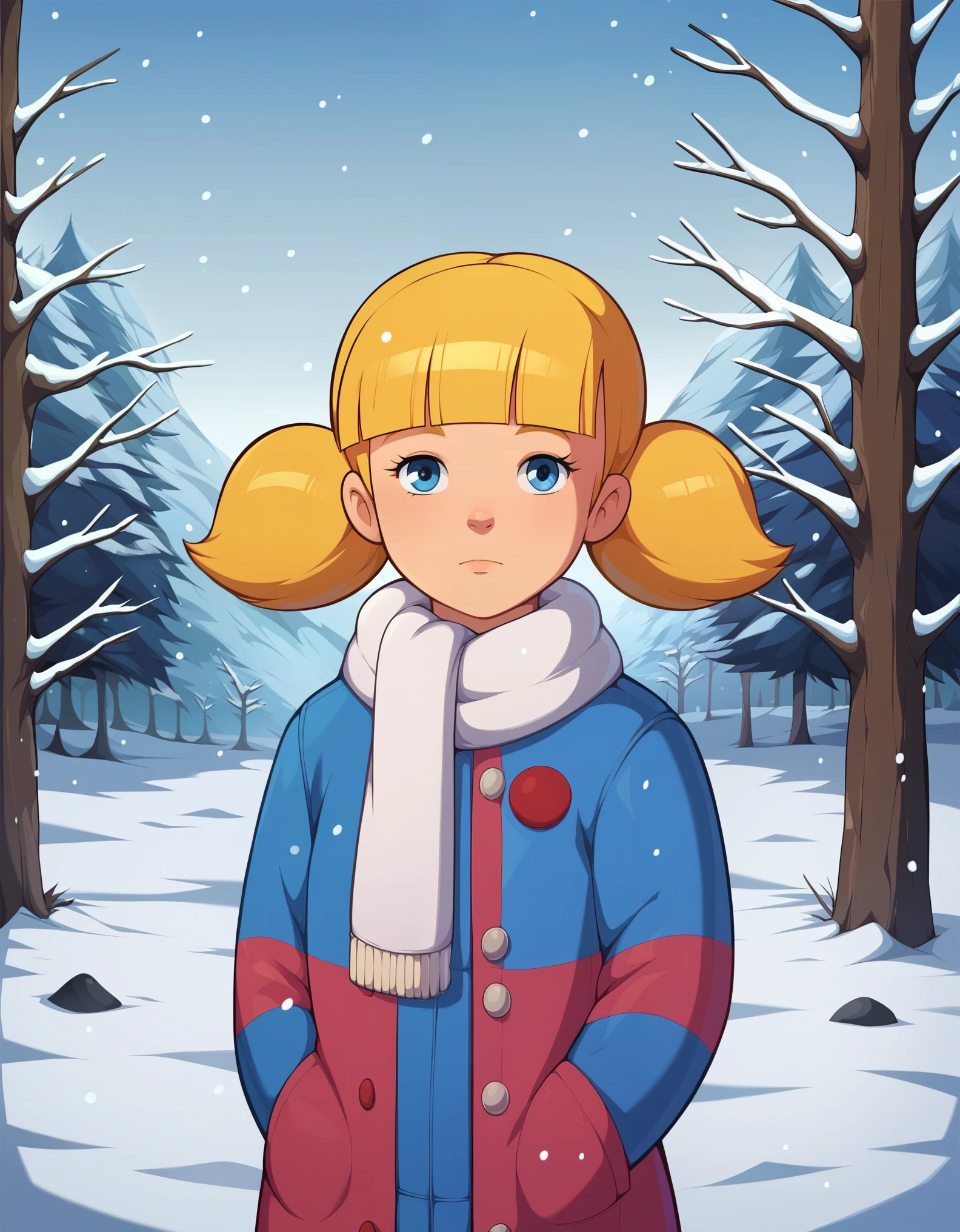 score_9, score_8, score_8_up, score_7_up, sgstyle, BREAK, 1girl, solo, female focus, 1girl, penny_ig, BREAK, 1girl, penny, blonde hair, twintails, blunt bangs, blue eyes, winter clothes, white scarf, coat, expressionless, looking at viewer, outdoors, snow, snowing, solo, tree, winter 