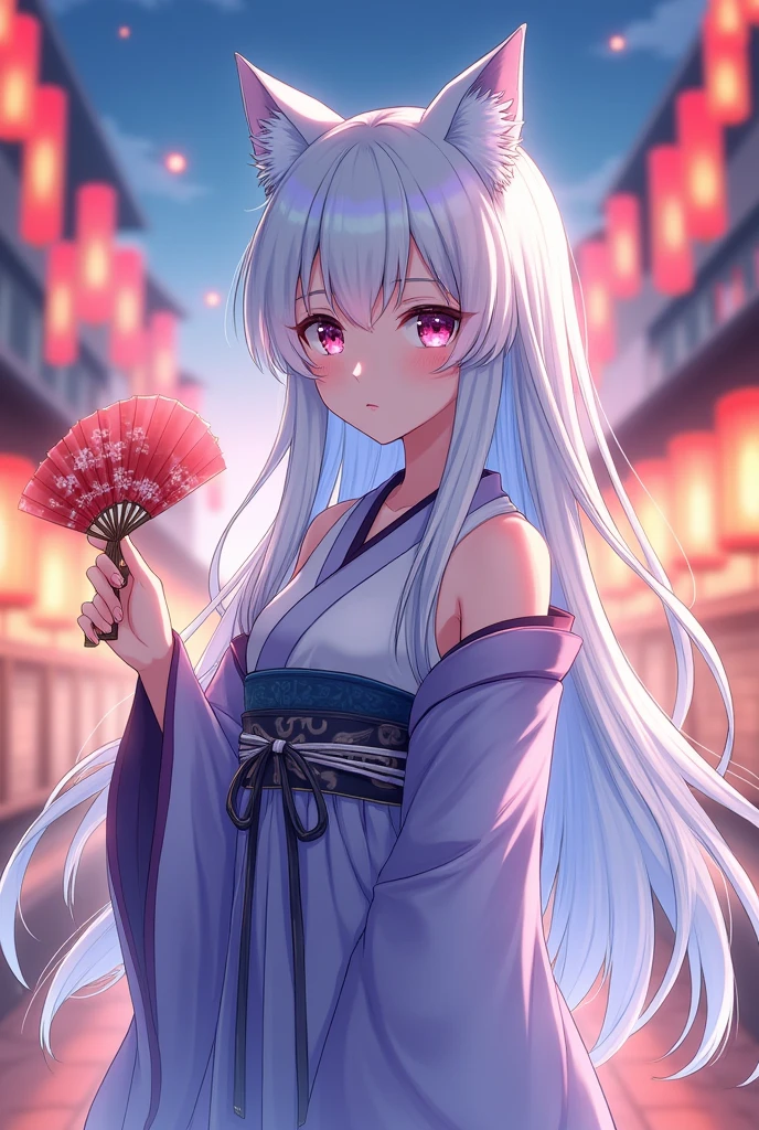 a anime woman, with long hair, which is white in color with a slight shade of blue, the woman has wolf ears on her head, and wears typical Japanese festival clothing, with lilac and blue colors, she is holding a fan in her right hand, she is at a lantern festival, Ice flock in hair