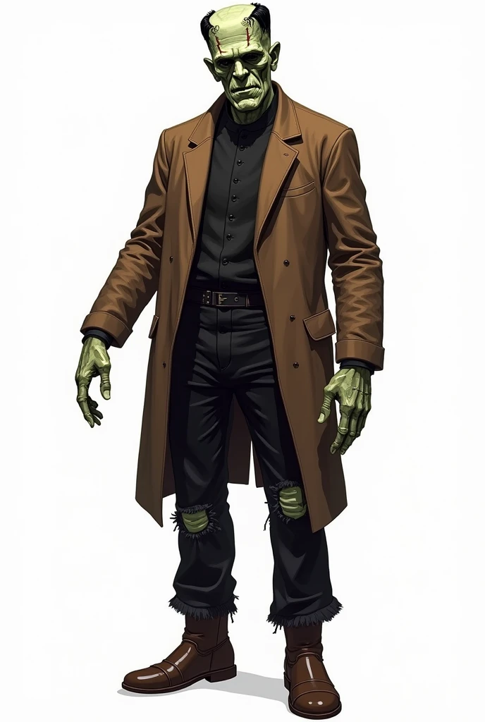 drawning, bright coloured, Frankenstein's monster, stark, Furiosa, Gothic style, baldie, Square head, wrinkled greenish gray skin, wearing a torn brown overcoat, ripped black pants, booties, suture marks on forehead and arms, white background, fully body