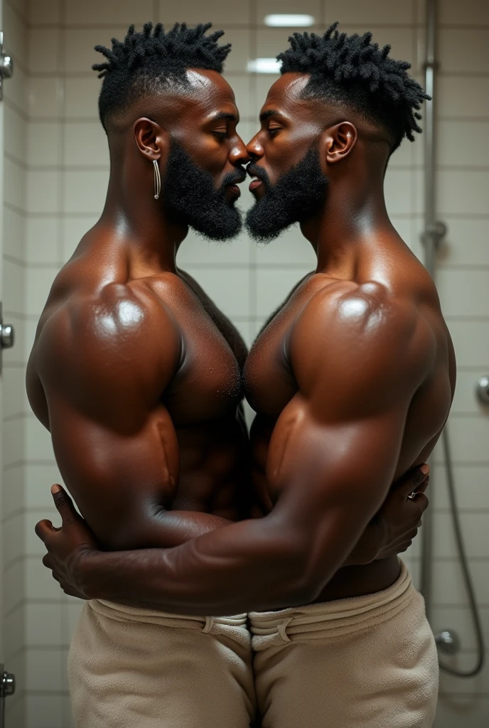 A couple of two muscular Jamaican men in love kissing in a bathroom, with only towels on, full body