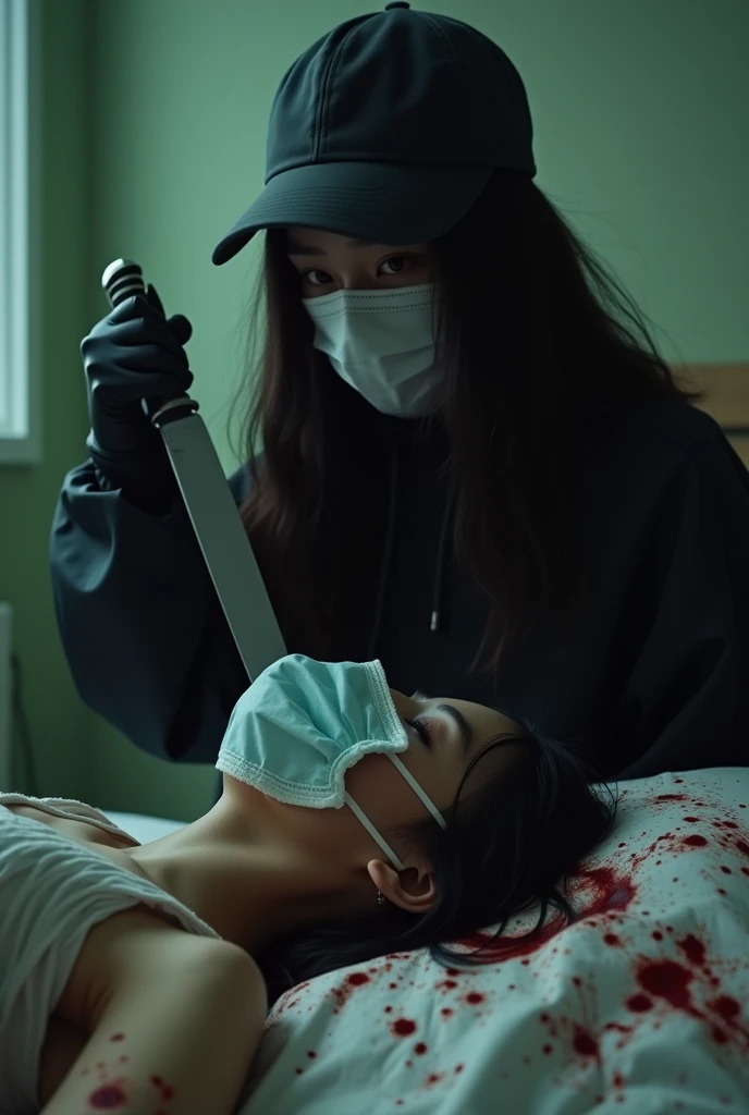 korean girl, (behind corpse, holding knife), surgical mask, black gloves, room full of blood, black raincoat, trucker hat, holding knife, black gloves, woman on top, behind corpse, blood splatter, on the bed, mass murderer, killer, long bangs, blood splatter, dark atmosphere, cinematic lighting, atmospheric realistic, light from the window, close-up,
