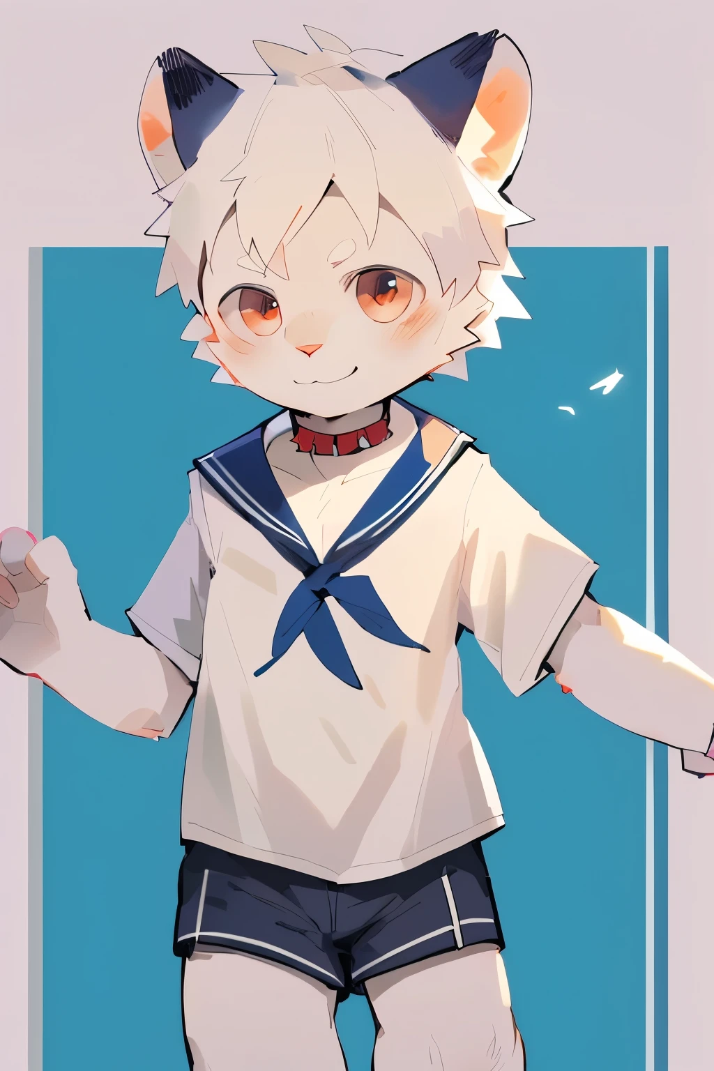 masterpiece, best quality, Perfect anatomical structure, Big watery eyes, author：Milk Tiger 1145, author：K0bit0wani,Cumoshota Boy, Albino white rabbit boy, rabbit Body Features, Sailor shirt, Sailor Mini Shorts, , Sailor collar, Lively Shota, Smile