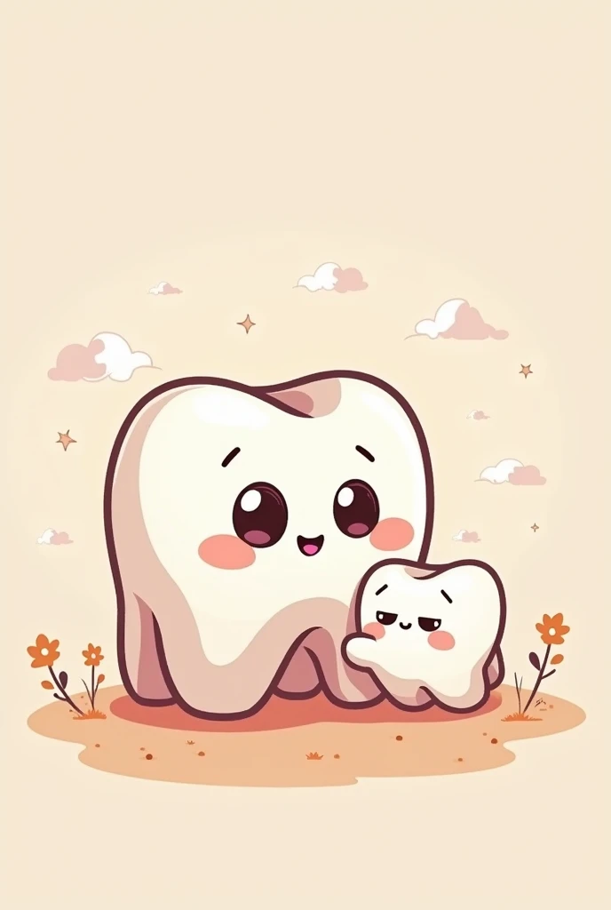 Cartoon of a molar with mammary glands breastfeeding her baby tooth in pastel colors 