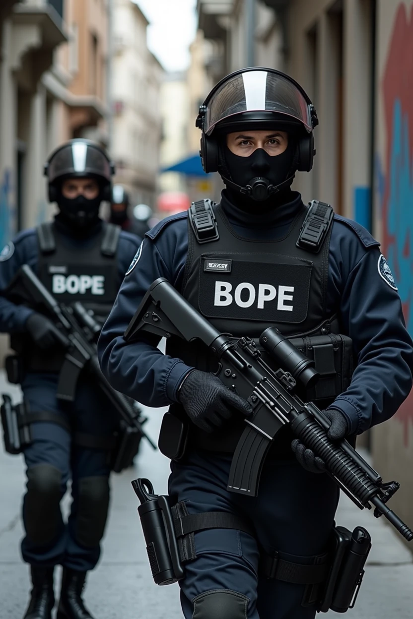 Create an image of an elite police team in a challenging urban environment. Police officers must be dressed in tactical uniforms similar to those of BOPE, including ballistic vests, capacetes, and combat equipment. however, instead of the acronym 'BOPE', uniforms must display the acronym 'COPE'. Police officers must be in a ready posture, with serious and focused expressions, reflecting an environment of high tension and professionalism. The setting must be an urban area, perhaps with graffiti on the walls and buildings in the background, to emphasize the urban and challenging context of the mission.