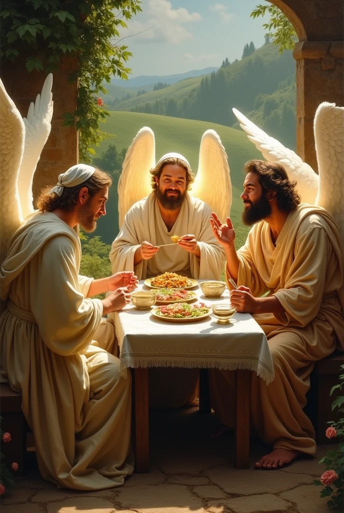 Three Angels Visiting Abraham, eating with him, very detailed, with a classic painting style.