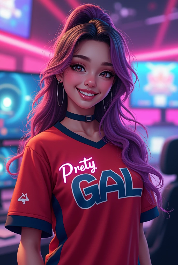A young woman with esports jersy and has a "Pretty GAL" name on the back
