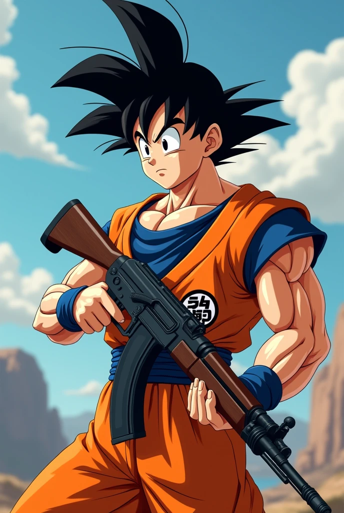 goku armed with a realistic ak47 pixar