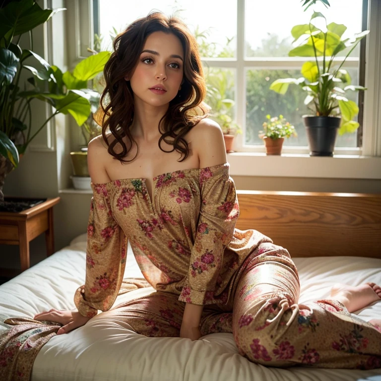(photorealism:1.2), beautiful woman, sitting on bed, wearing loose off-shoulder top, pajama pants, long curly hair, indoors, soft lighting, plants in background, window with sunlight, cozy room, relaxed pose, realistic, intricate details, warm colors, by Greg Rutkowski, by Alphonse Mucha