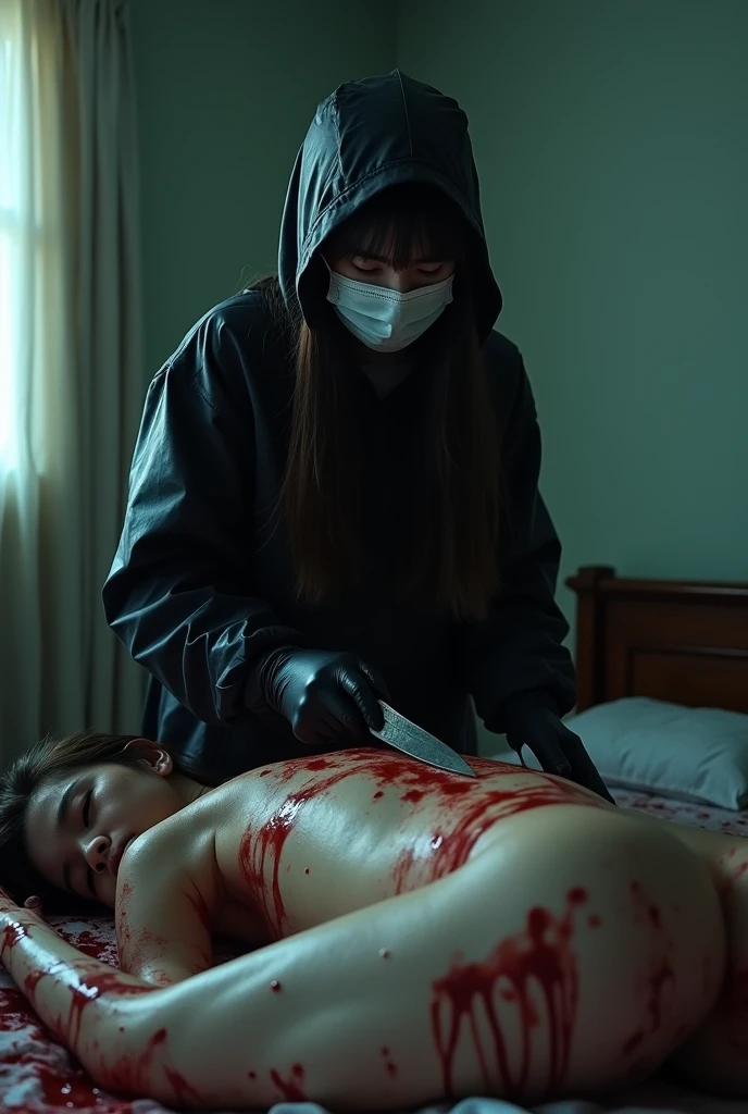 korean girl, (behind naked corpse, surgical mask), holding knife, stabbing, black gloves, room full of blood, black raincoat, plump, hood up, holding knife, black gloves, behind corpse, looking at viewer, blood splatter, bondage, long bangs, bed room, black wet suit, night, mass murderer, killer, robbery, dark atmosphere, cinematic lighting, atmospheric realistic, light from the window close-up,