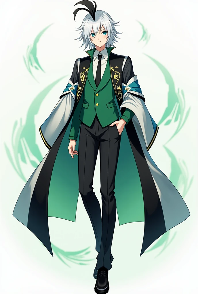 An anime character that has white hair with a black Yukio from Soul of Yokai style quiff, a green and black version of the colors, a Yukio from Soul of Yokai style suit with a white, black and blue kimono with blue eyes, medium-long hair with black pants and a white shirt that has the personality of Yukio from Soul of Yokai that looks nice, that wears black shoes